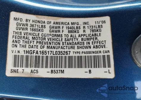 2007 Honda Civic Lx z USA, uszkodzony, nr VIN 1HGFA16517L035267